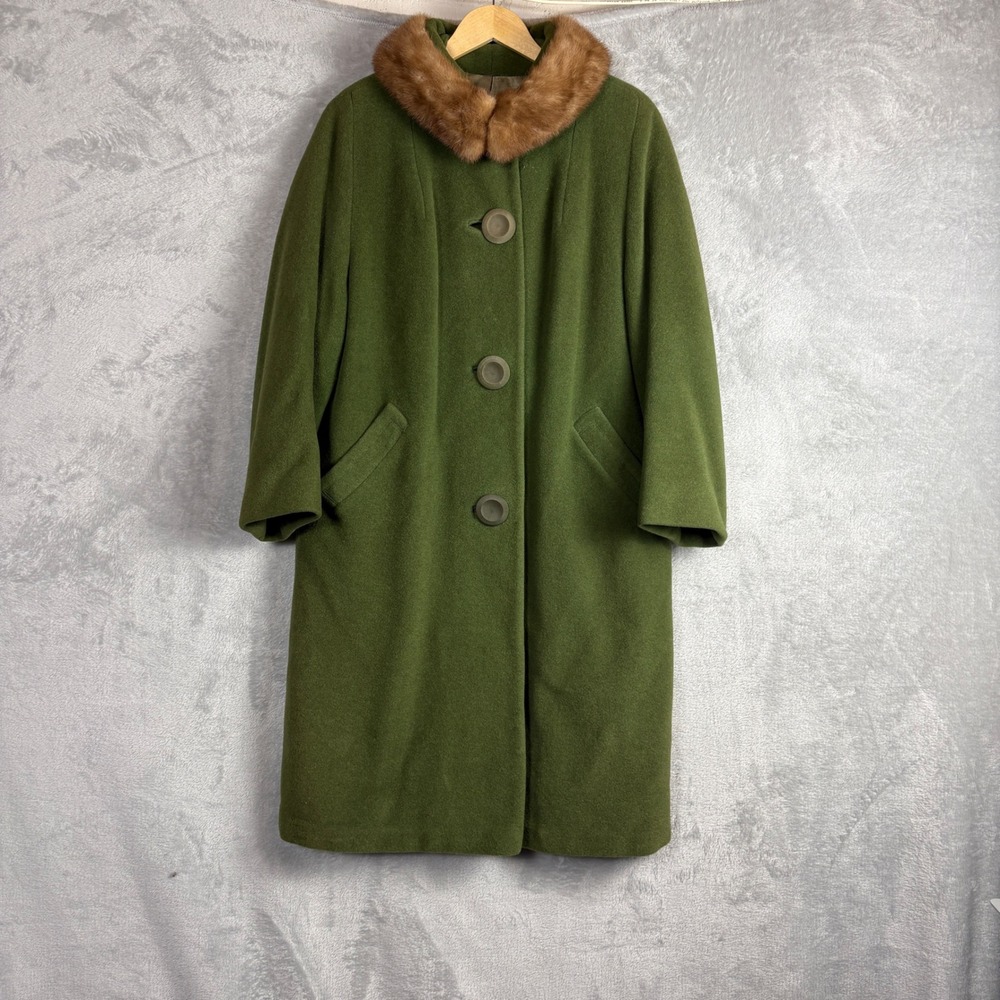 Vintage Wool Overcoat Fur Collar Olive Green MCM Long Jacket Green Y2K Retro 70s